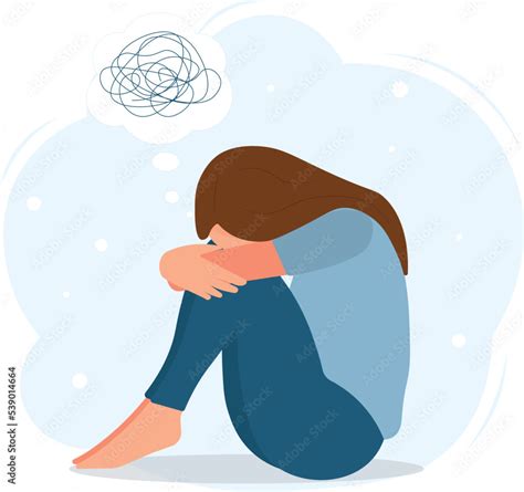 A flat vector cartoon illustration of a woman in a depressed mood ...