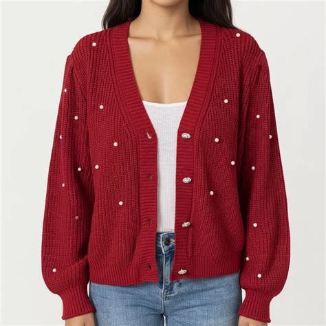 Women's Long Sleeve Button-Up Knit Cardigan with Faux Pearl ...