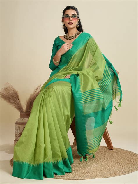 Moss Green Soft Raw Silk Saree With Contrast Border – Maharanisaree