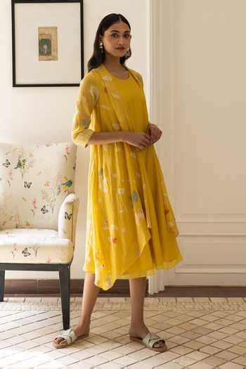 Buy Yellow Muslin, Cotton Round Floret Print Midi Dress With Attached ...