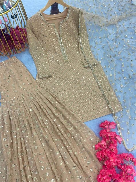 Golden Designer Party Wear Top, Sharara Palazzo & Dupatt