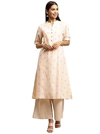 Buy rangita Beige Cotton Calf Length Printed A-line Kurti for Women ...