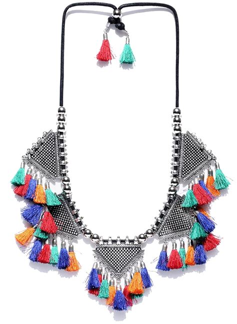Buy NAWAB Afghani Boho Art Oxidised Silver Long Choker Necklace for ...