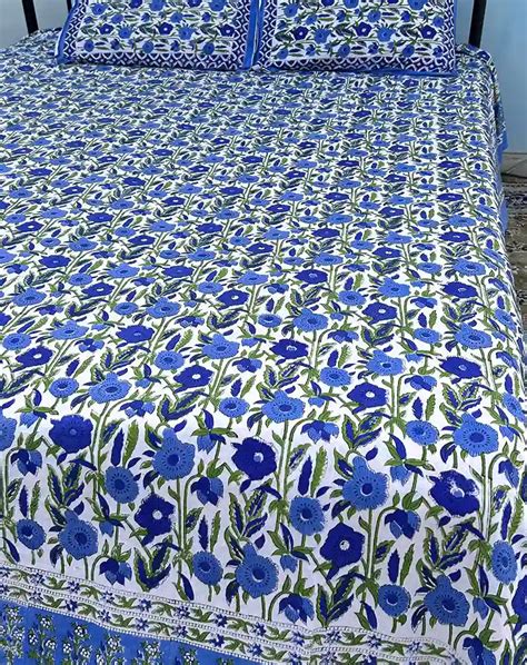 Blue Flower Hand Block Printed Cotton Bedsheet