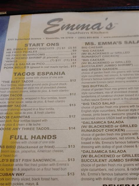 Menu at Emma's Southern Kitchen restaurant, Knoxville