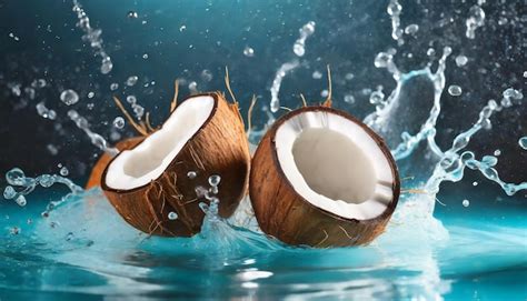 Summer background with coconuts on water background with water splashes ...