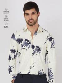 Off White Floral Print Stretch Slim Fit Casual Shirt