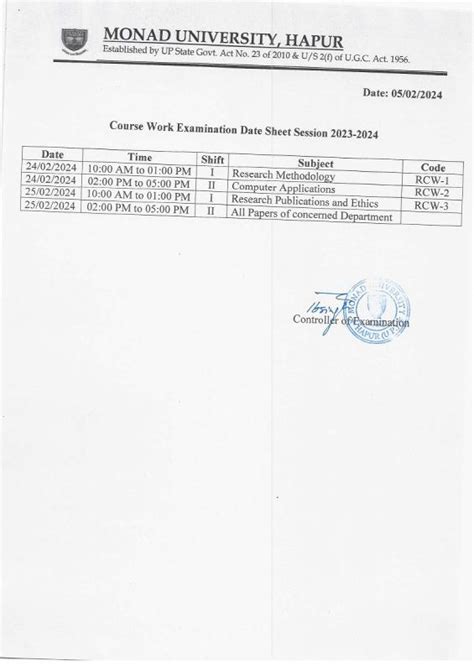 Course Work Exam Date Sheet 2023-2024 | Monad University