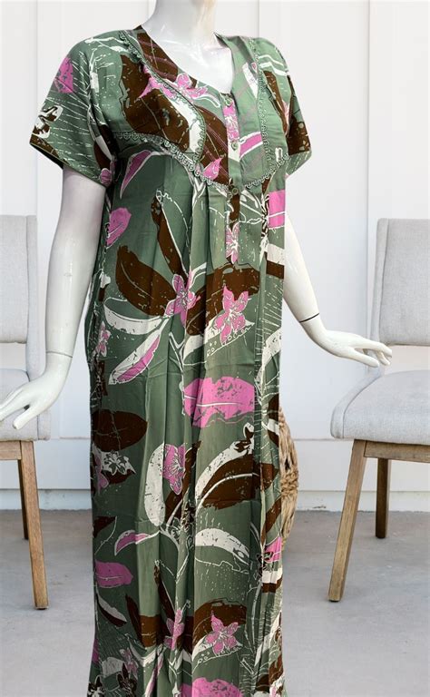 Pista Green Flora Rayon Nighty. Flowy Rayon Fabric | Laces and Frills
