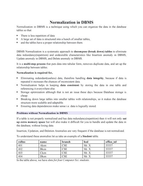 Normalization in DBMS - notes - Normalization in DBMS Normalization in ...