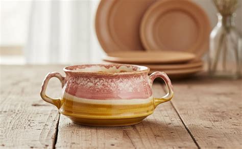 Caffeine Ceramic Handmade Pink and Brown Double Handle Soup Bowls with ...