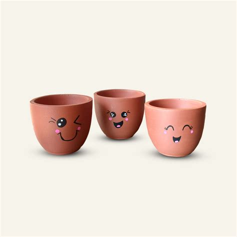 Buy Handpainted Terracotta Emoji Planter Pot (Set of 3) Online On Zwende