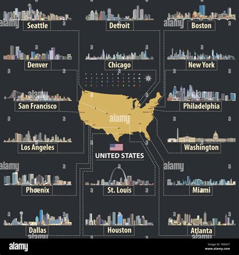 vector map of United States of America with largest cities' skylines Stock Vector Image & Art ...