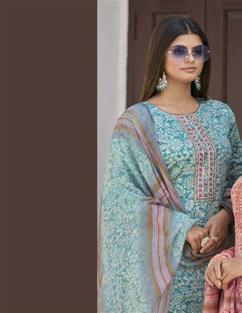 Aqsa Unstitched Cotton Suit Fabric Material with Dupatta Teal Blue ...