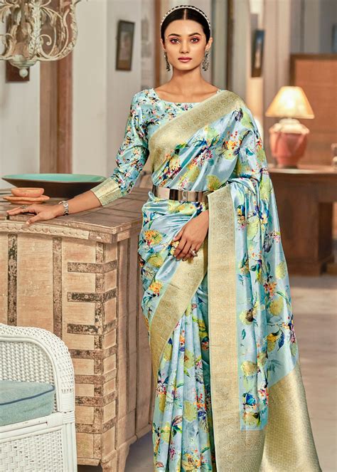 Buy Spring Rain Blue Digital Printed Banarasi Saree Online - MySilkLove