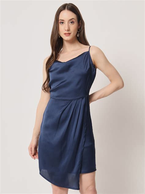 Blue Satin Cowl Neck Dress