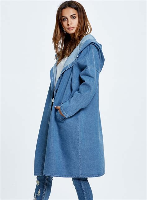 Blue Hooded Long Jean Coat Casual Long Sleeve Denim Jacket Outwear ...