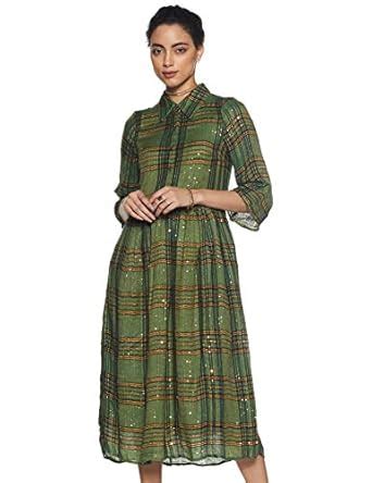 Buy Label RITU KUMAR Women's A-line Midi Dress (Olive, XS) at Amazon.in