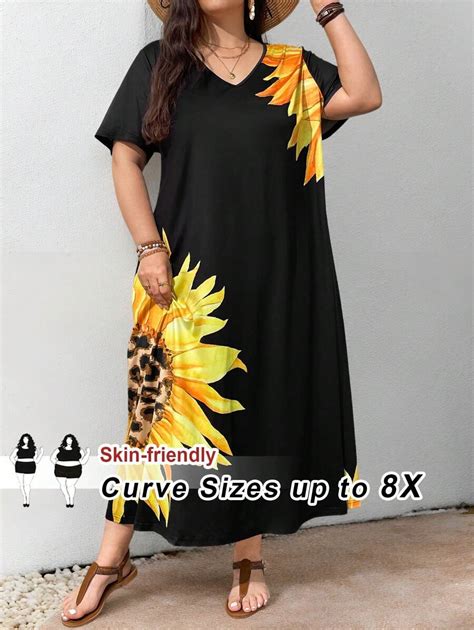 SHEIN CURVE+ Plus Size Women's Sunflower Print Slim Fit Flared Hem ...