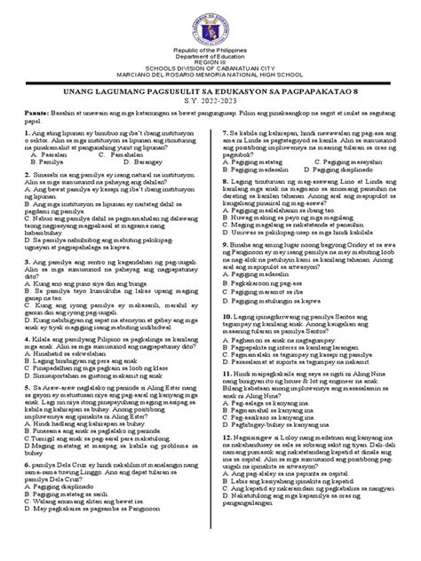 Image result for Answer Key Grade 8 ESP