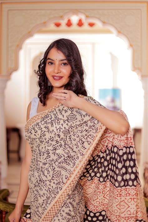 Varli (Animal) Print Bagru HandBlock Pure Cotton Saree – Jaipur Tex