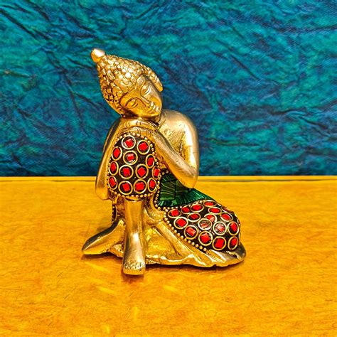 Buy Handcrafted Brass Thinking Buddha Statue | Meenakari Stonework | 4 ...
