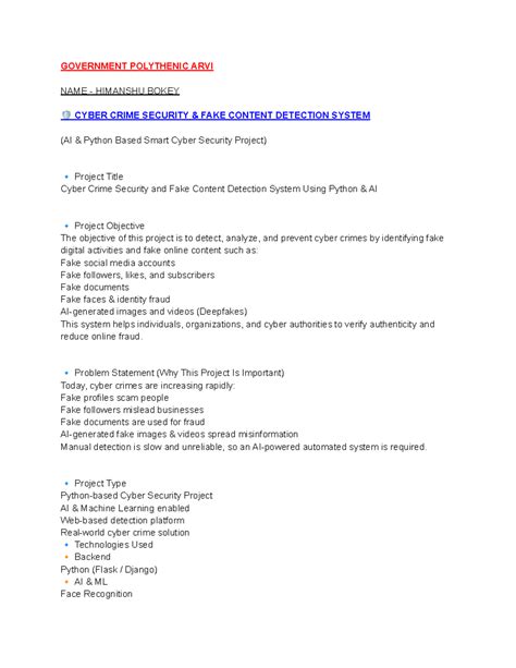 GOVERNMENT POLYTECHNIC ARVI CYBER CRIME SECURITY PROJECT (AI) - Studocu