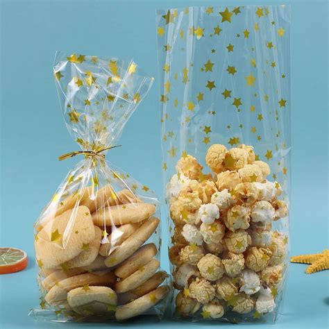 Gold Cellophane Bags,Star Cellophane Treat Bags with Twist Ties,Thick ...