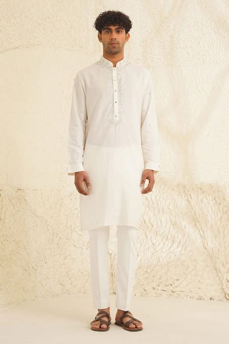 Buy White Dupion Silk Embroidery Bead Samyak Placket Kurta Set For Men ...
