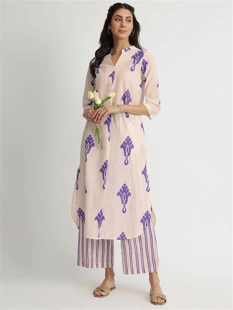 BuyWhite & Purple Cotton Ikat Geometric Print Kurta Set Online | Pink ...
