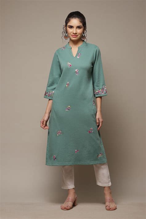 Fern Green Acrylic Straight Yarndyed Kurta
