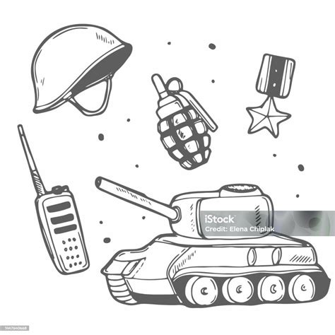 Military And War Elements In Vector Army Set Traditional Doodle Drawn ...