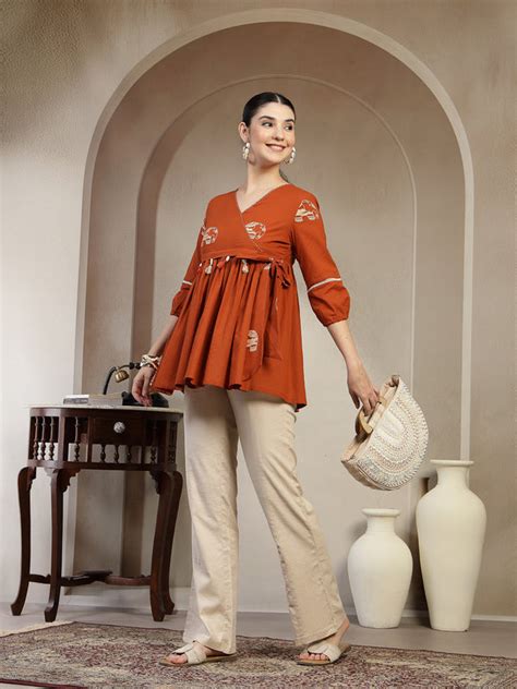 Gulmohar Jaipur Rayon Hip Length Printed 3/4 Sleeves V-Neck Flared Top