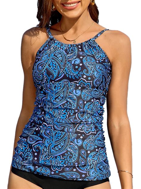 Charmo Women's High Neck Tankini Tops Only Tummy Control Swimsuit Top ...