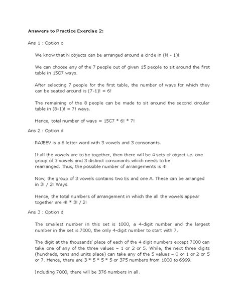 Answers Permutation and Combination 2 - Answers to Practice Exercise 2 ...