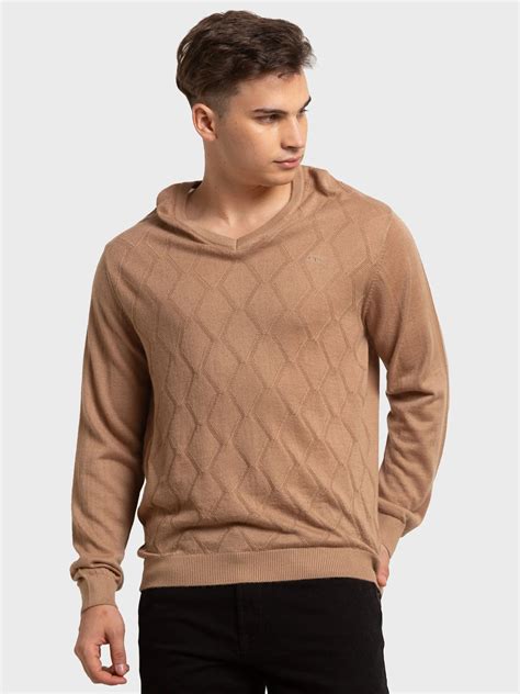 Men Brown Tailored Fit Structure Acrylic Merino Blend Full Sleeve V Ne ...