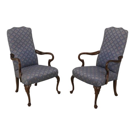 Pair Fairington Queen Anne Cherry Upholstered Open Armchairs | Chairish