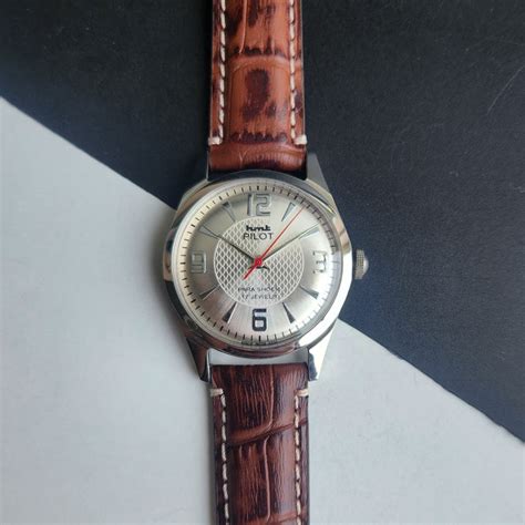 Vintage MOD HMT Pilot Hand Winding 17 Jewels Silver Face Brown Croco L ...