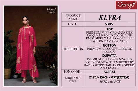Ganga Klyra 3852 Designer Organza Silk Salwar Suit Collection