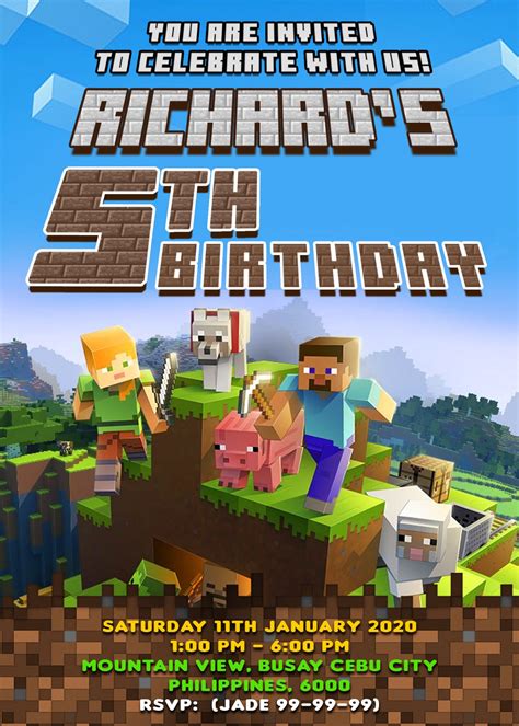 Minecraft Birthday Invitation Card, Minecraft for kids, Minecraft ...