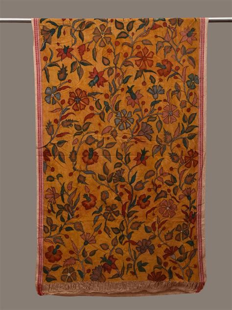 Yellow Kalamkari Hand Painted Cotton Handloom Dupatta with Floral and ...