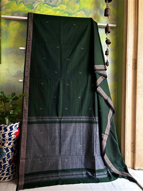 Handwoven Dark Bottle Green Colour Dhonekhali Cotton Saree – Bohochic