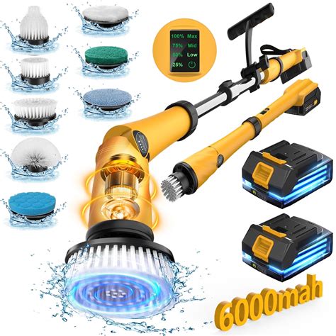 1500 RPM Electric Spin Scrubber with Two Batteries, 6000mAh Battery Cordless Cleaning Brush with ...