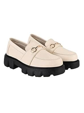 Buy Stytlestry Smart Casual Chain Detailed Cream Loafers for Women ...
