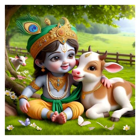Decals Creation Bal Krishna and Little Cow Wall Poster for Living Room ...