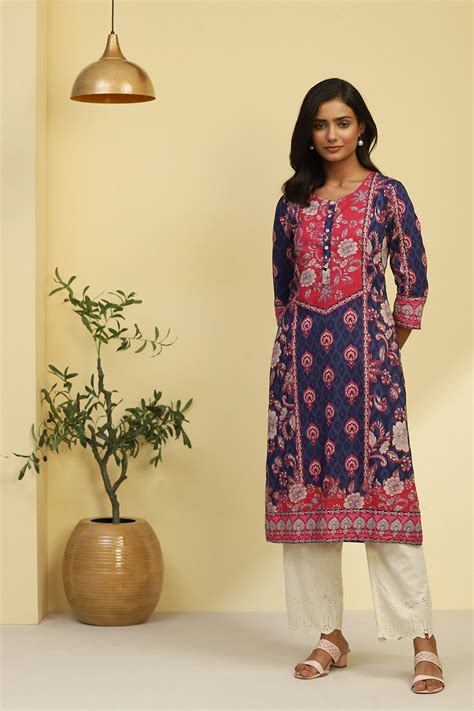 Buy Navy Blue and Pink Cotton Floral Printed Straight Kurta Online at ...
