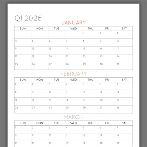 2026 3-Month Quarterly Calendar Printables - FREE