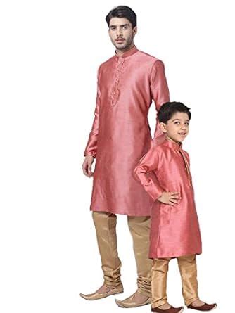 Buy Vastramay Silk Blend Bubble Gum Pink and Rose Gold Baap Beta Kurta ...