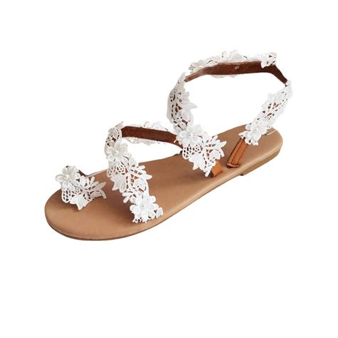 FNFYFH Wedding Flat Sandals Dress , White Lace Sandals, Beach Sandals ...