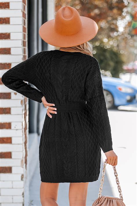 Black Cable Knit V-Neck Sweater Dress